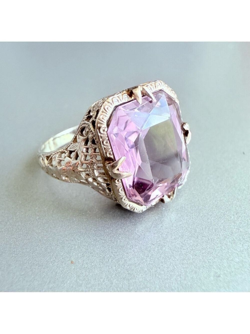 Estate 14K White Gold Antique Art Deco 5 CT Emerald Cut Amethyst Ring - Picture 12 of 13